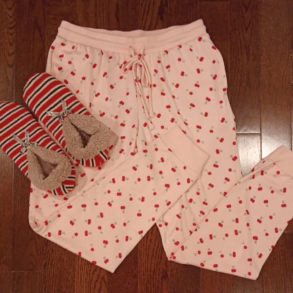 Cherry Print Pajama Pants and Striped Slippers